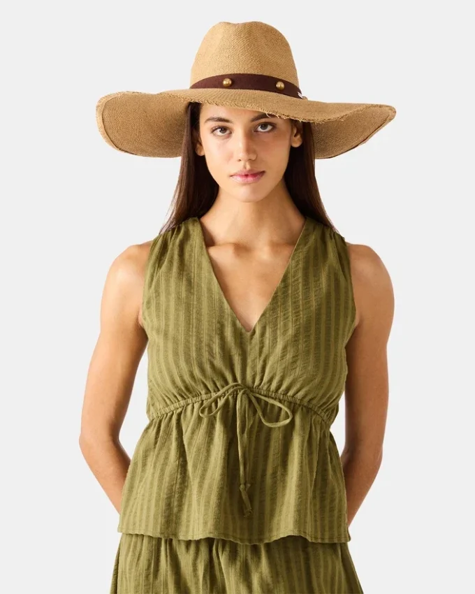 Chapéu de palha com tachas Boho Glam, castanho claro