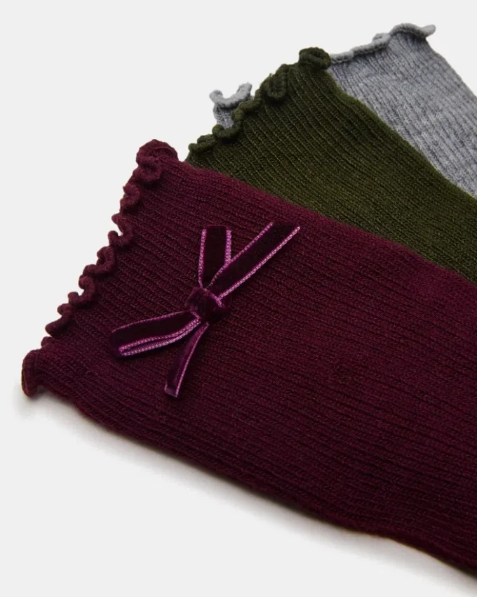 Conjunto de 3 pares de meias de cano curto com laço em veludo Folly, cor cereja