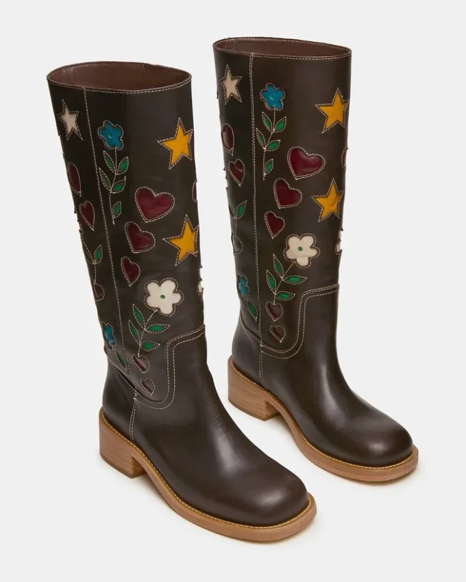 Riggs em couro castanho floral Riggs em couro castanho floral